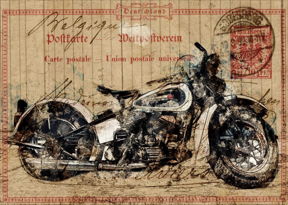 Vintage-Motorrad-Postkarte von Lembayung senja studio [Vintage Poster]