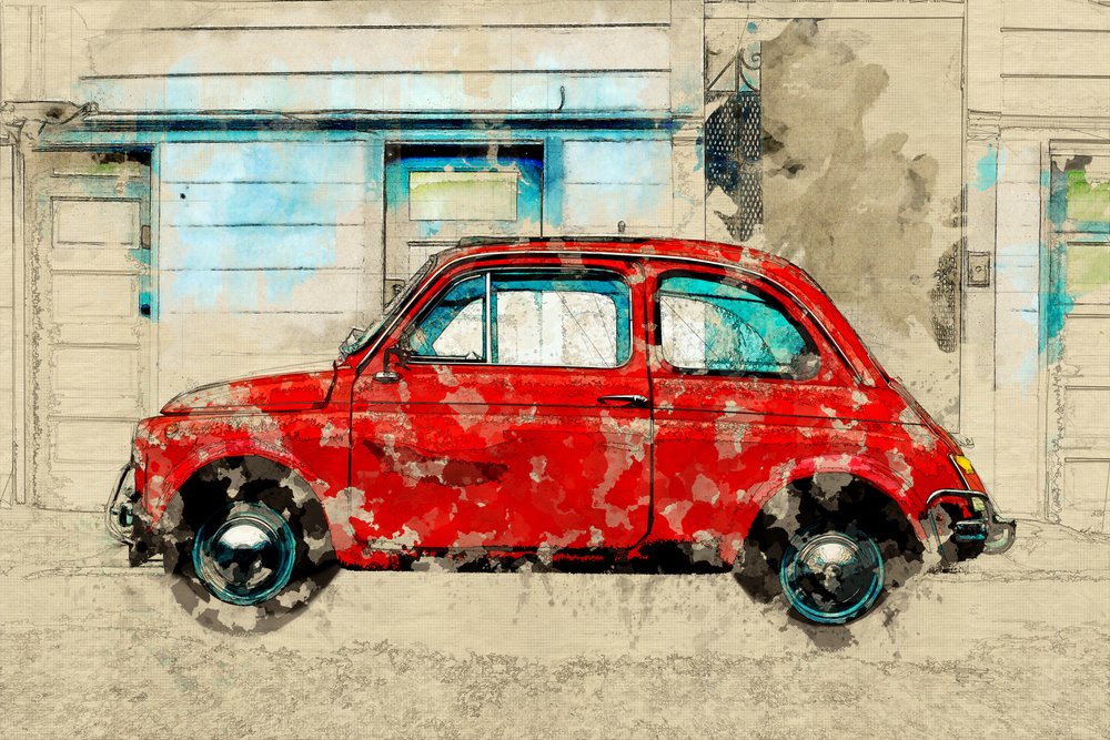 Vintage rotes Auto auf der Straße von Lembayung senja studio [Vintage Poster]