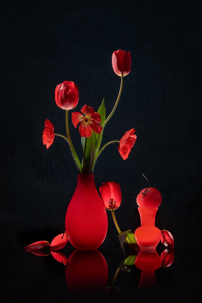 Leuchtende Rote Tulpen und Vasen von Lydia Jacobs