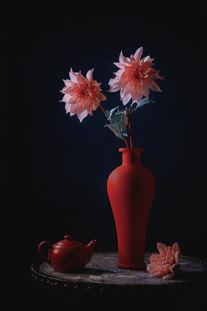Rosa Dahlien roter Vase von Lydia Jacobs