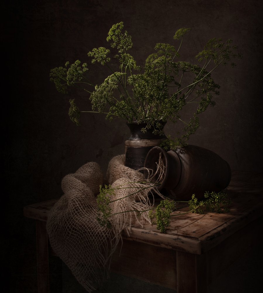 Dunkles Botanisches Stillleben von Margareth Perfoncio