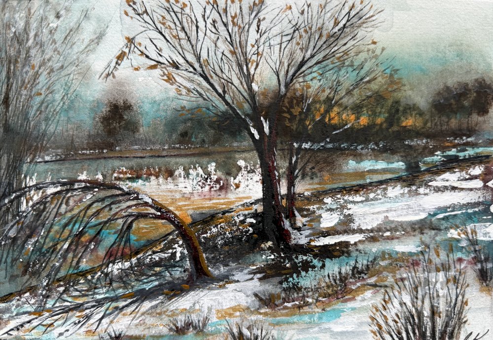 Verschneite winterliche Flusslandschaft von Marina Kozyr