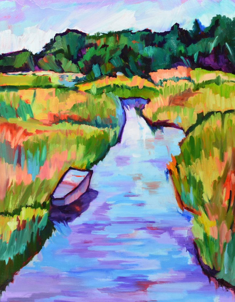 Bunter Marschfluss mit Boot von Maxine Shore