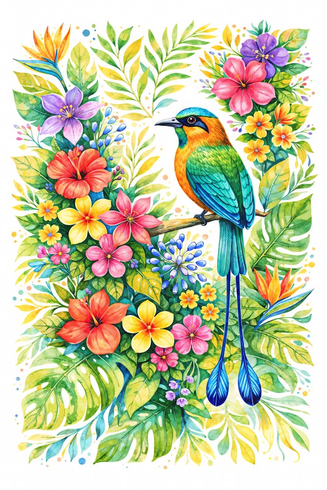 Motmot in tropischen Blüten von Natalie Bruns