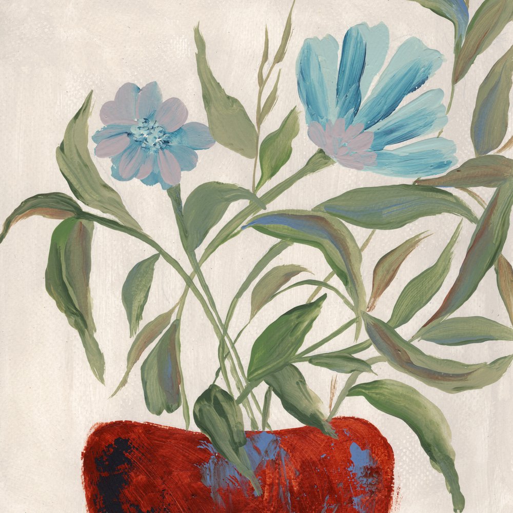 Blaue Blumen Roter Topf von Nikita Jariwala