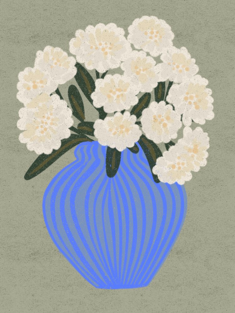 Weiße Blüten Blaue Vase von Nikita Jariwala