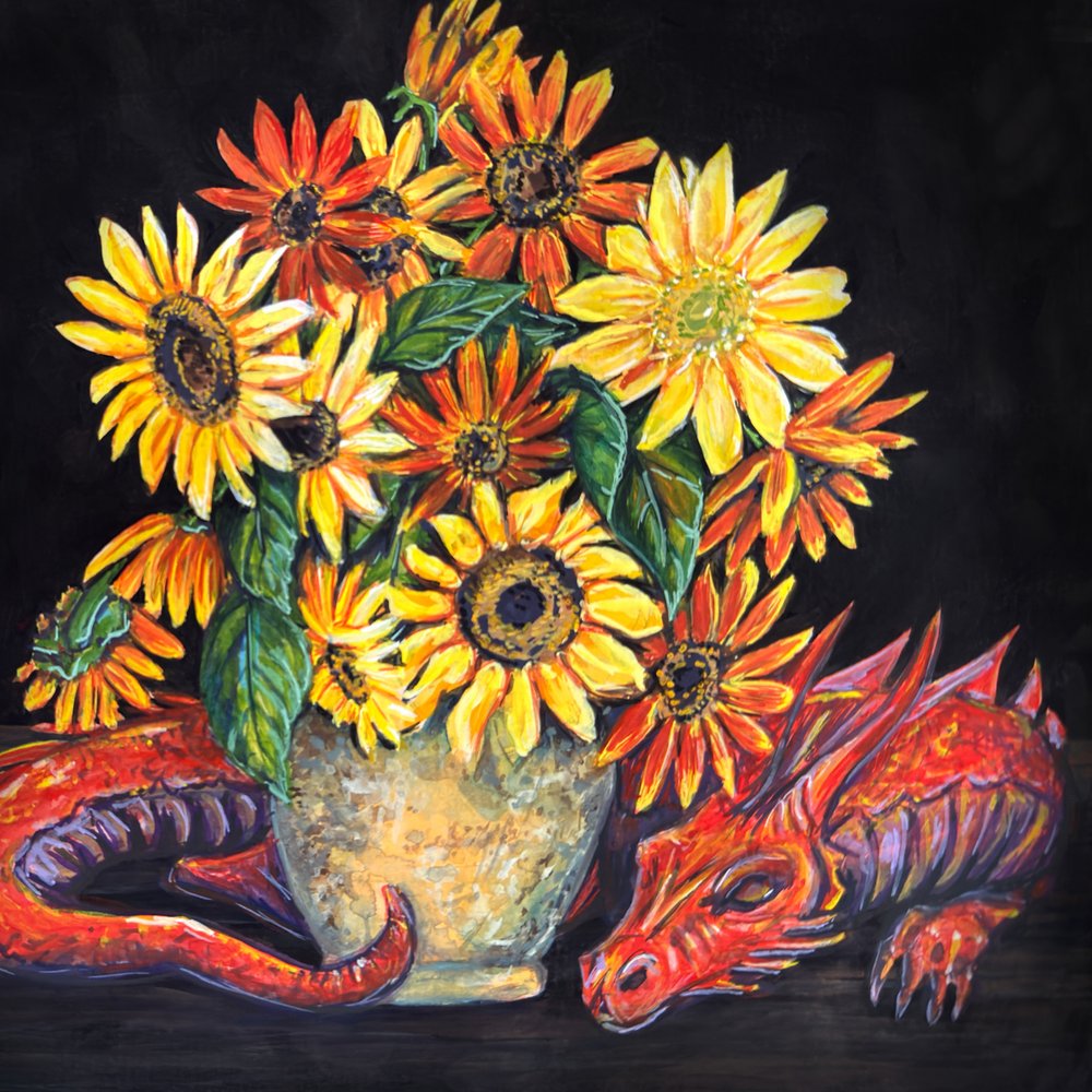 Schlafender Drache, Sonnenblumen von Renee Machan Cottagecore Artist