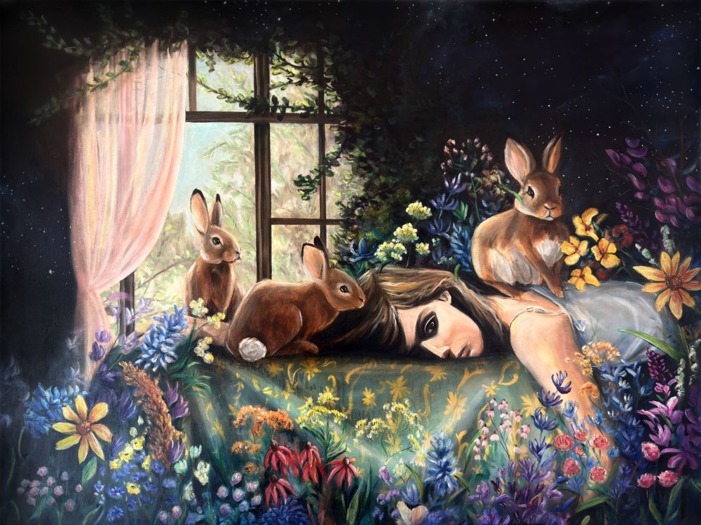 Schlafendes Mädchen mit Kaninchen von Renee Machan Cottagecore Artist