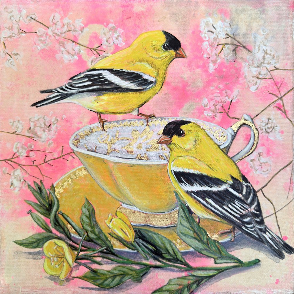 Frühlingsstieglitze und Teetasse von Renee Machan Cottagecore Artist