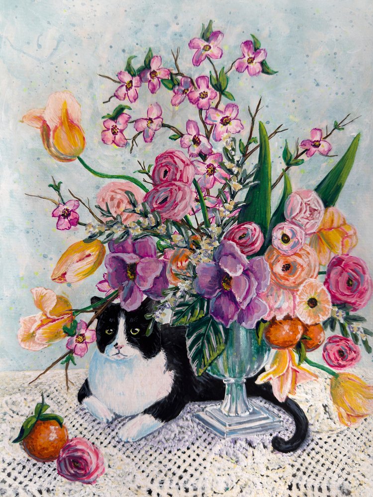 Frühlingsblüten der Tuxedo-Katze von Renee Machan Cottagecore Artist