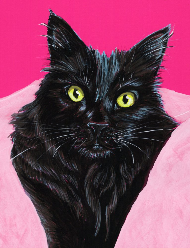 Lebhaftes Schwarze Katze Porträt von Renee Machan Cottagecore Artist