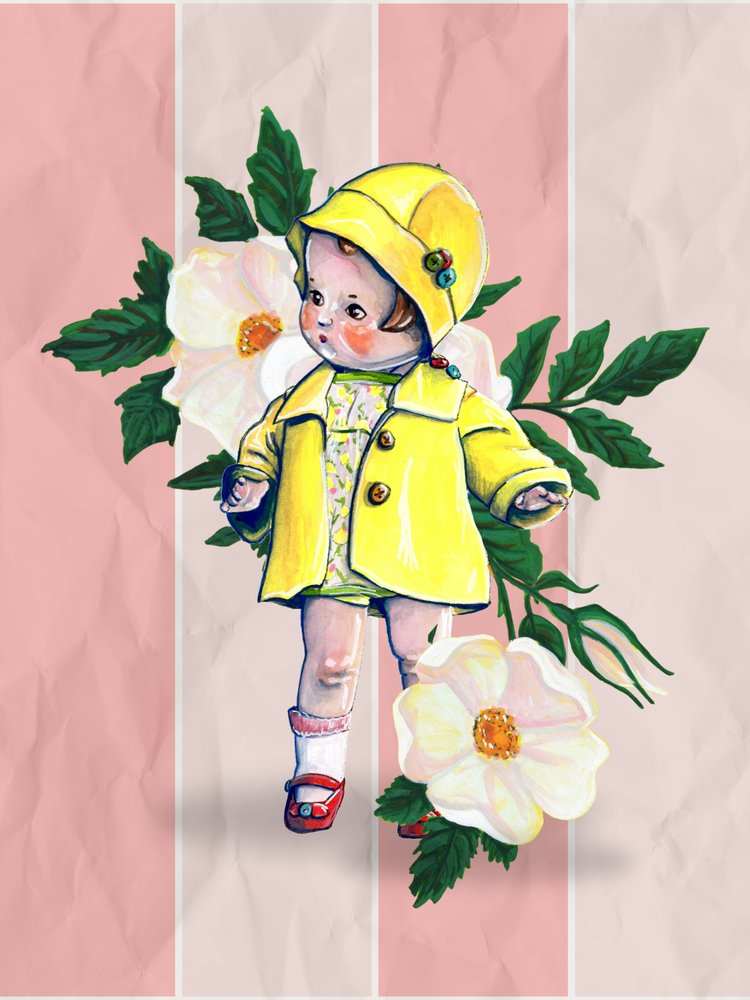 Vintage Puppe mit Blumen von Renee Machan Cottagecore Artist