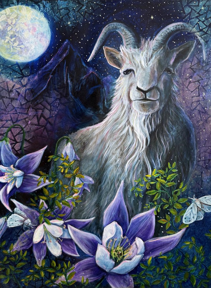 "Steinbock-Saison" Ziege, Vollmond und Akeleiblumen von Renee Machan von Renee Machan Cottagecore Artist