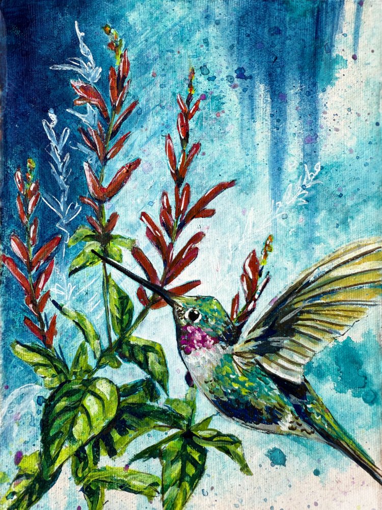 "Schwebender" Kolibri und Ananassalbei-Blumen von Renee Machan von Renee Machan Cottagecore Artist