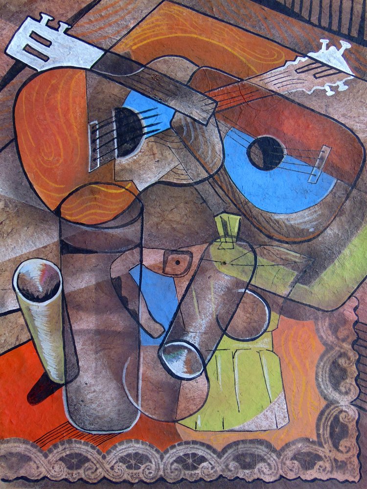 Kubistische Gitarren-Kaffee-Stillleben von Ricardo Maya