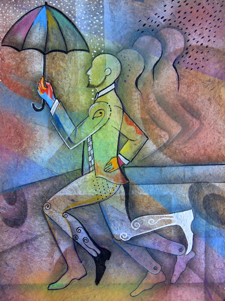 Dynamischer Mann mit Regenschirm von Ricardo Maya