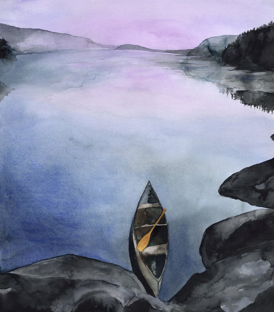 Ruhiger Bergsee mit Kanu von RodMacIver
