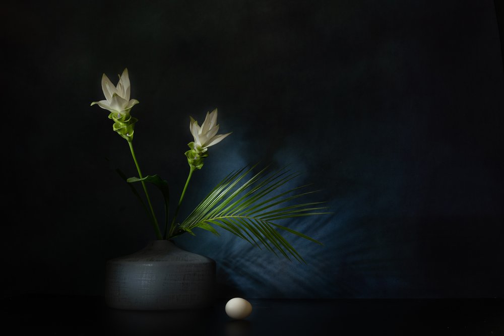 Weiße Blumen Dunkles Stillleben von Saskia Dingemans