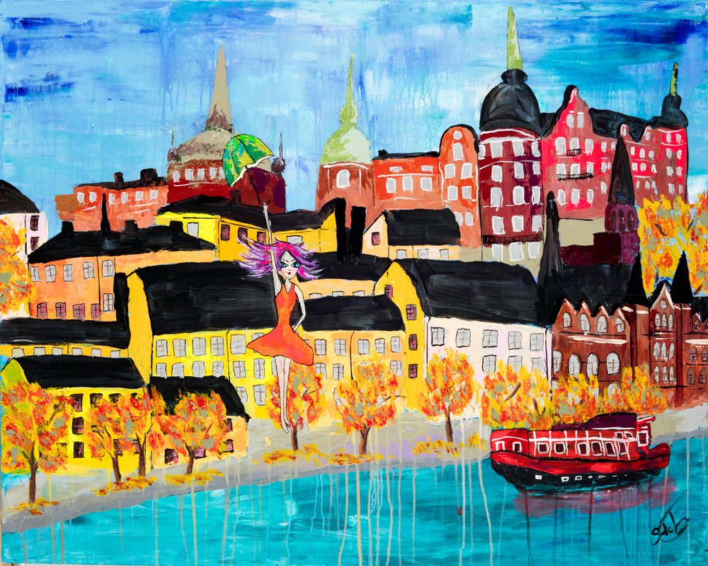 Schwebendes Mädchen Herbststadt von Sofia Toborg