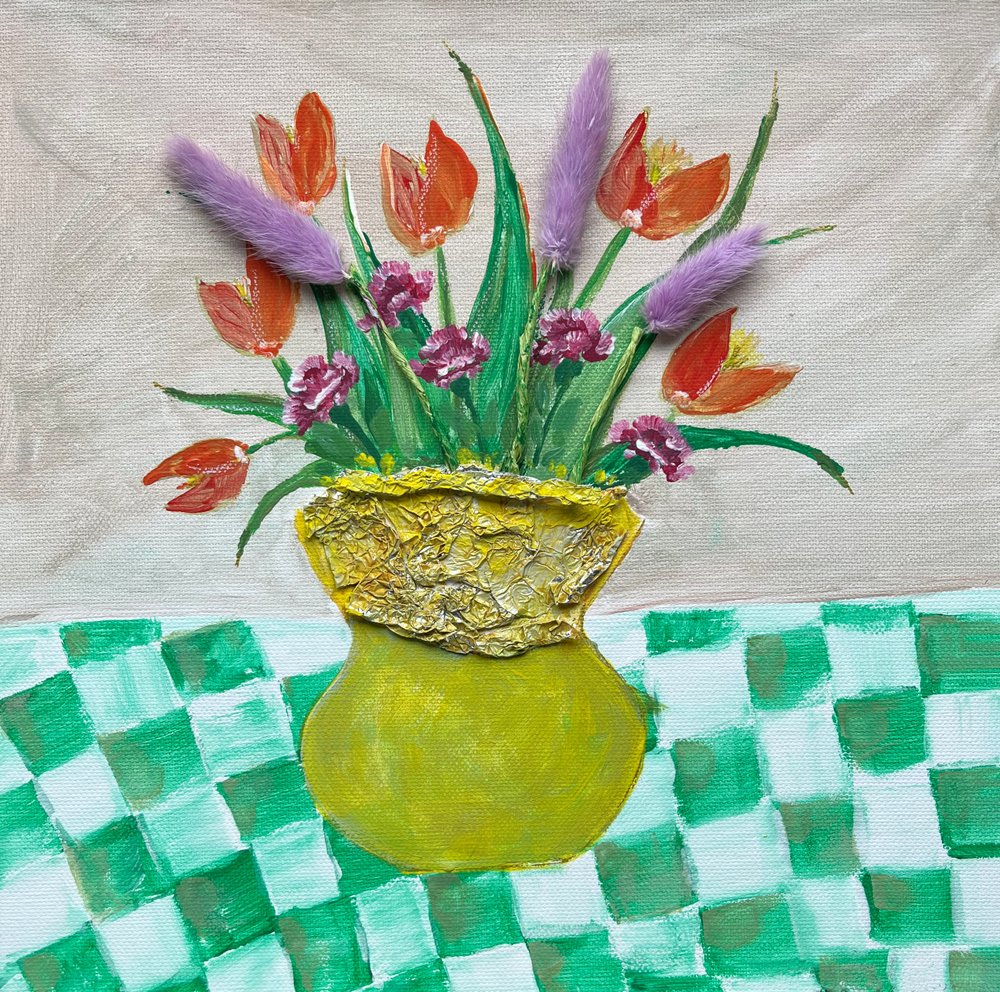 Helle Blumen auf kariertem Tisch von Soniya Vijayakumar