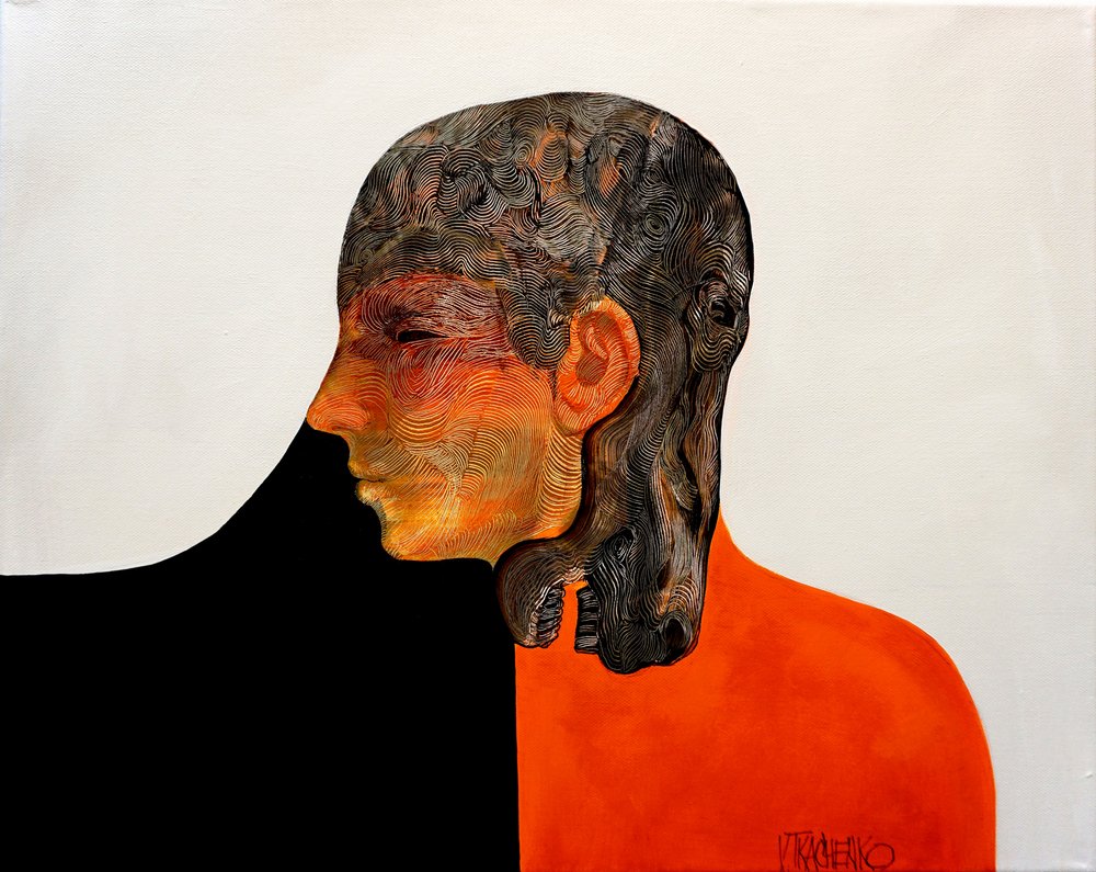 Nachdenkliches oranges Gesicht von Victor Tkachenko