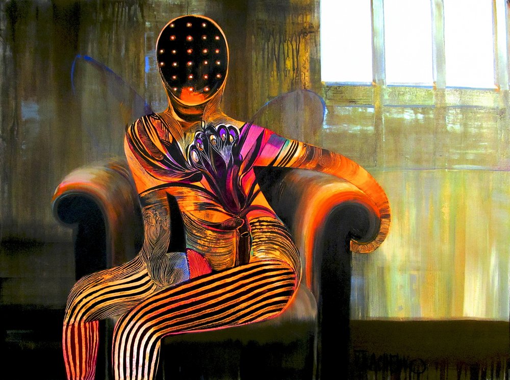Kontemplative orangefarbene Figur von Victor Tkachenko