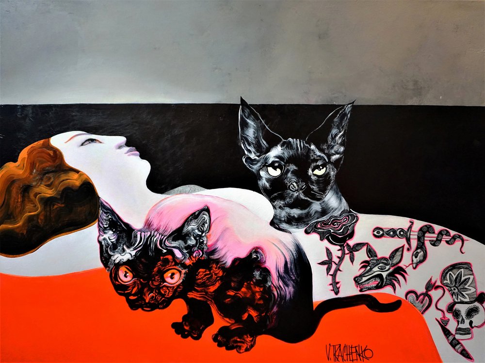 Sphinx-Katzen und Frau von Victor Tkachenko