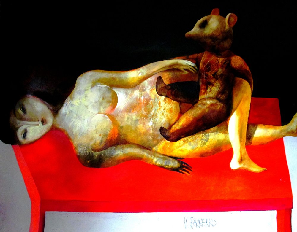 Surreale Frau und Bär von Victor Tkachenko