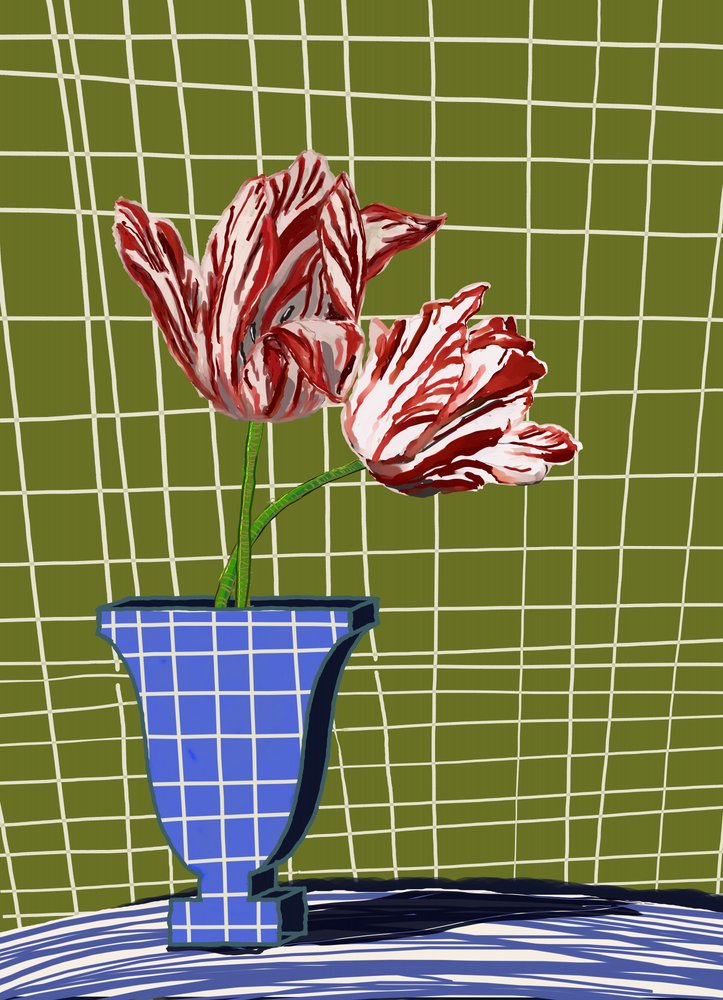 Gestreifte Tulpen in blauer Vase von XHOZUCAN