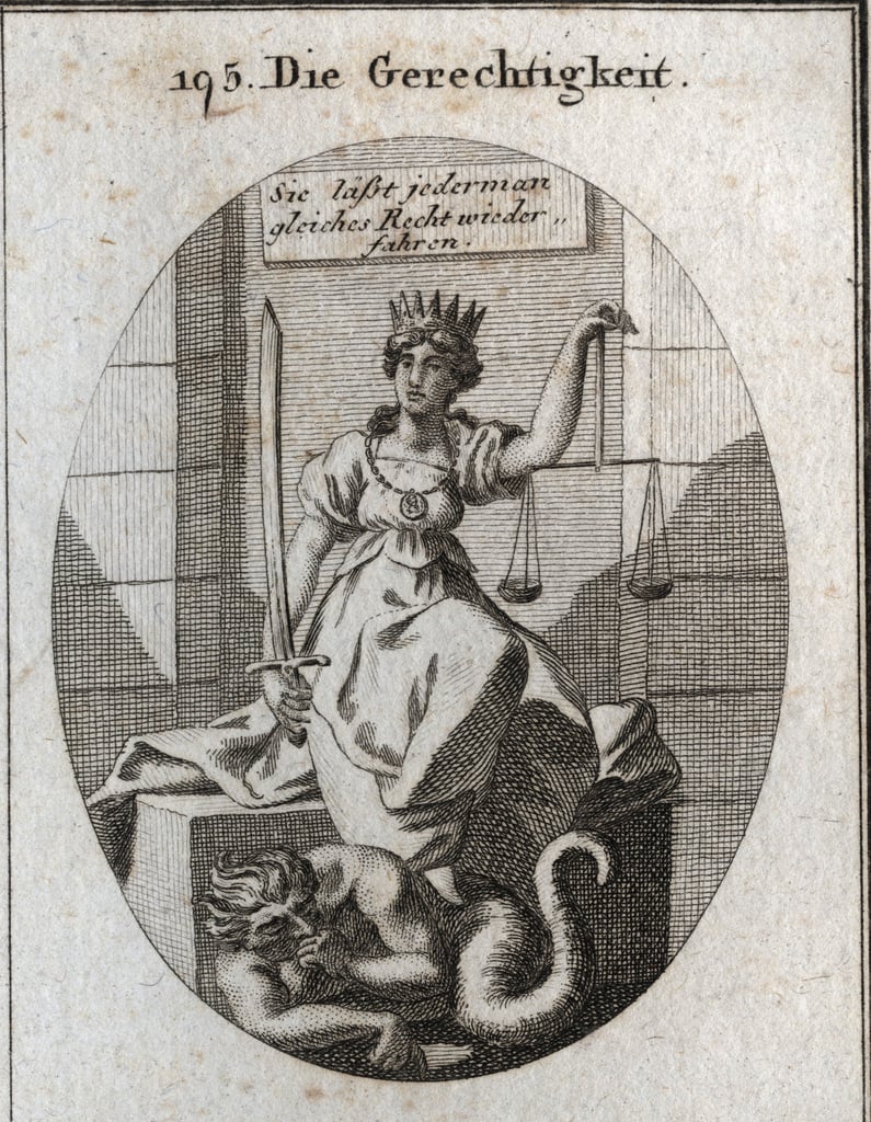 Allegorie der Gerechtigkeit. Seine Attribute sind Gleichgewicht und