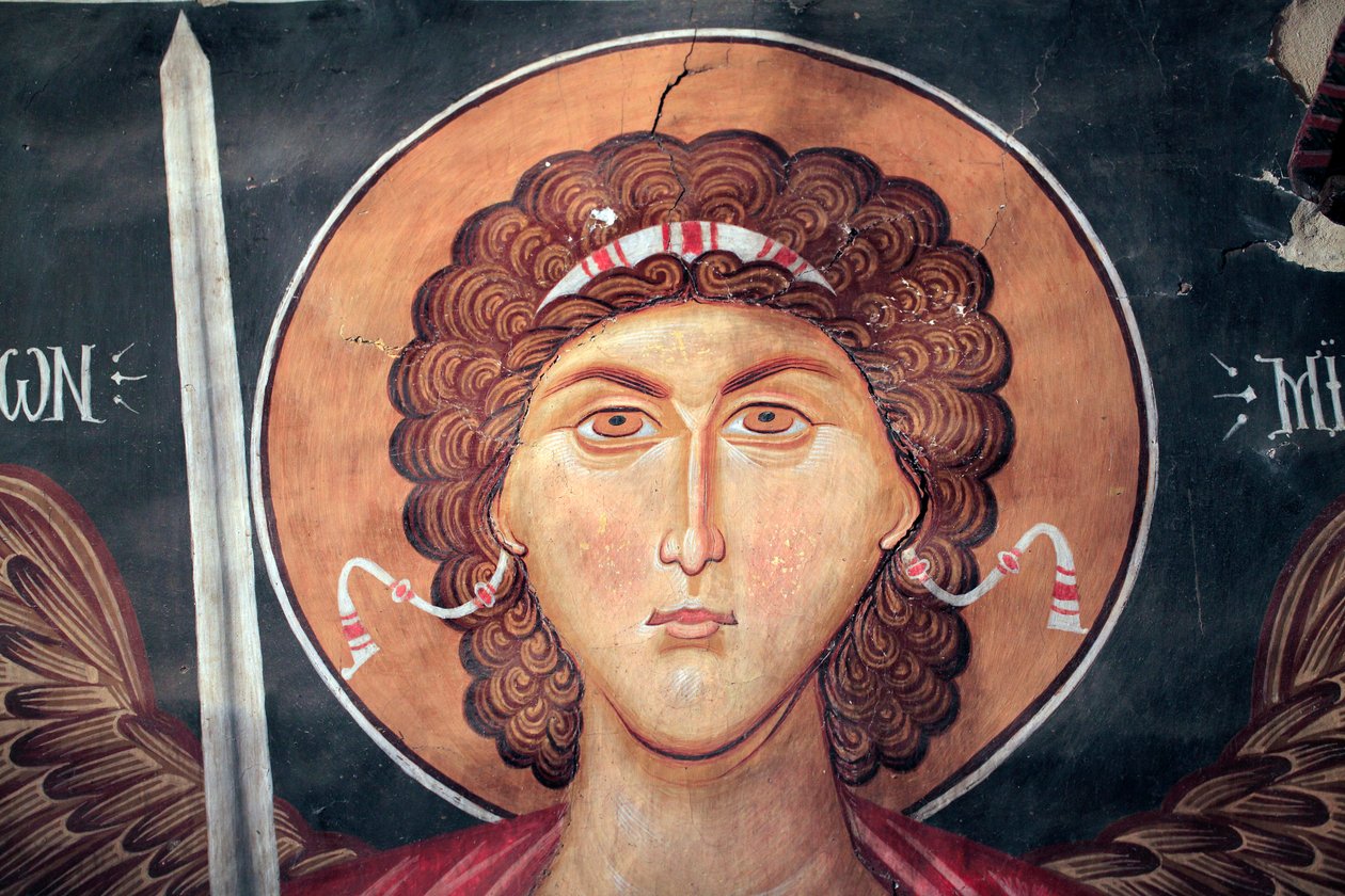 Byzantinisches Fresko aus dem 15. Jahrhundert (Detail) Michael Erzengel Wandmalerei Michael-Archangel-Kirche in Pedoulas, Zypern, Bemalte Kirchen UNESCO-Stätte Troodos, Zypern von Unknown