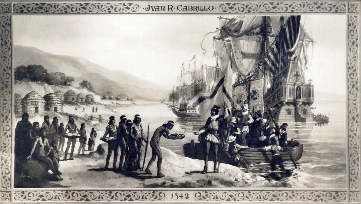 Kalifornien: 1542 Ein Gemälde, das Juan Rodriguez Cabrillo bei der Begegnung mit Einheimischen an der kalifornischen Küste während seiner Expedition zeigt. von Unknown