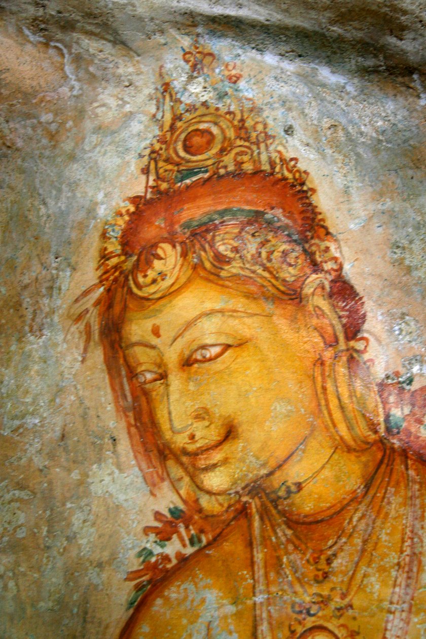 Fresko an der Wand des Sigiriya-Felsens im Distrikt Matale, Sri Lanka. Dieser 370 Meter hohe Lavahügel eines alten Vulkans ist berühmt für den befestigten Palastkomplex, der während der Herrschaft von König Ka von Unknown