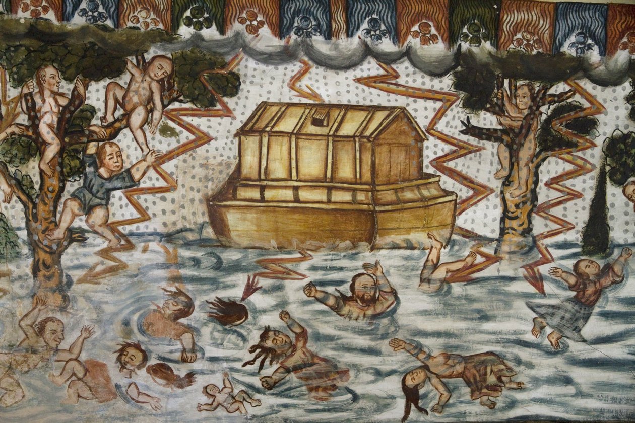 Noahs Arche und die Sintflut illustriert von barocken Mestizo-Fresken aus dem 17. Jahrhundert im Baptisterium der Santiago De Curahuara De Carangas Kirche, der Sixtinischen Kapelle der Anden, Curahuara De Carangas von Unknown