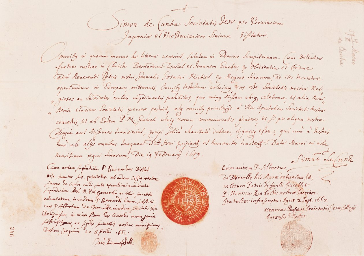Pass ausgestellt an Johann Grueber und Bernhard Diestel zur Suche nach der Landroute von Europa nach Peking, 1616 von Unknown