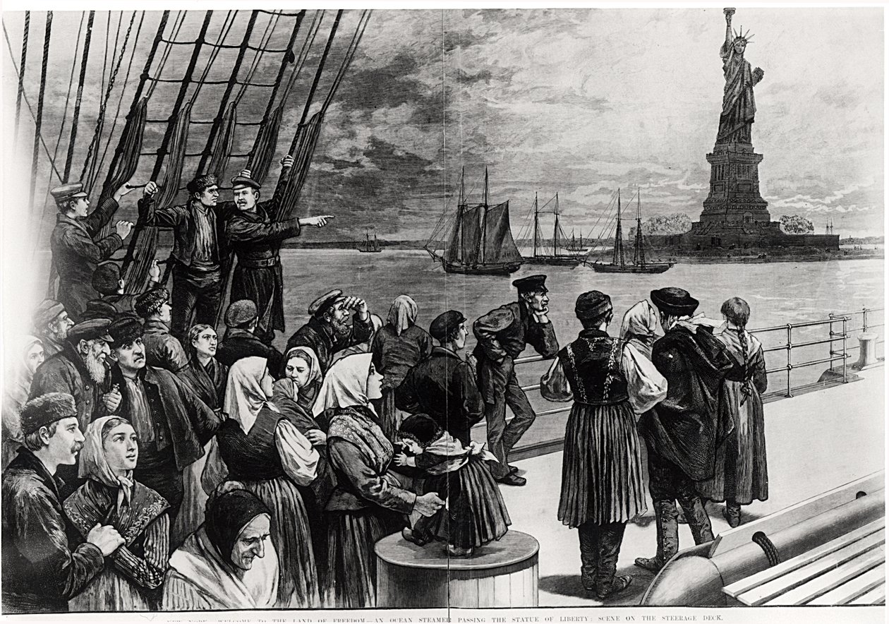 New York - Willkommen im Land der Freiheit - Ein Ozeandampfer passiert die Freiheitsstatue - Szene auf dem Zwischendeck, Illustration aus 
