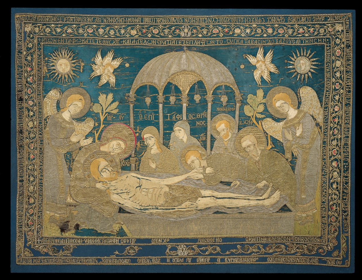 Goldfadenbesticktes und beschriftetes Epitaphios von Despoineta