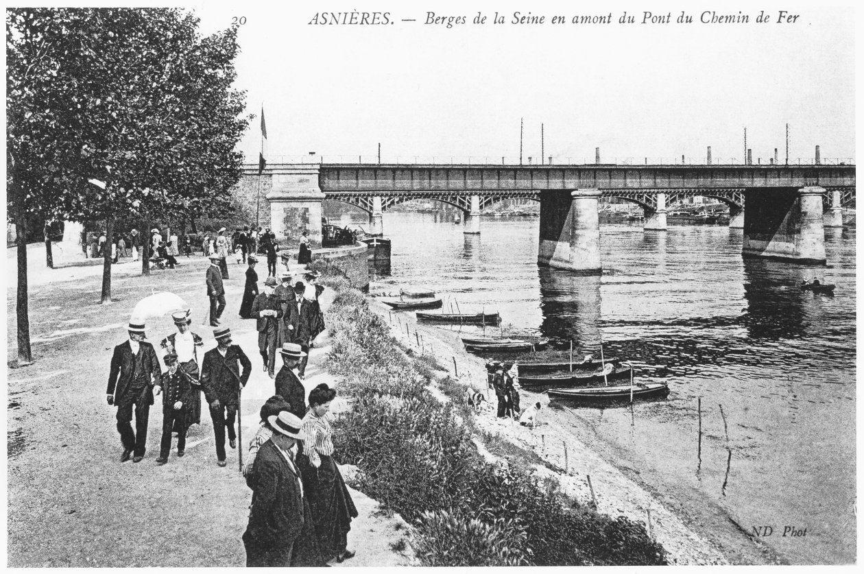 Asnières, Ufer der Seine und die Eisenbahnbrücke, ca. 1900 von French Photographer