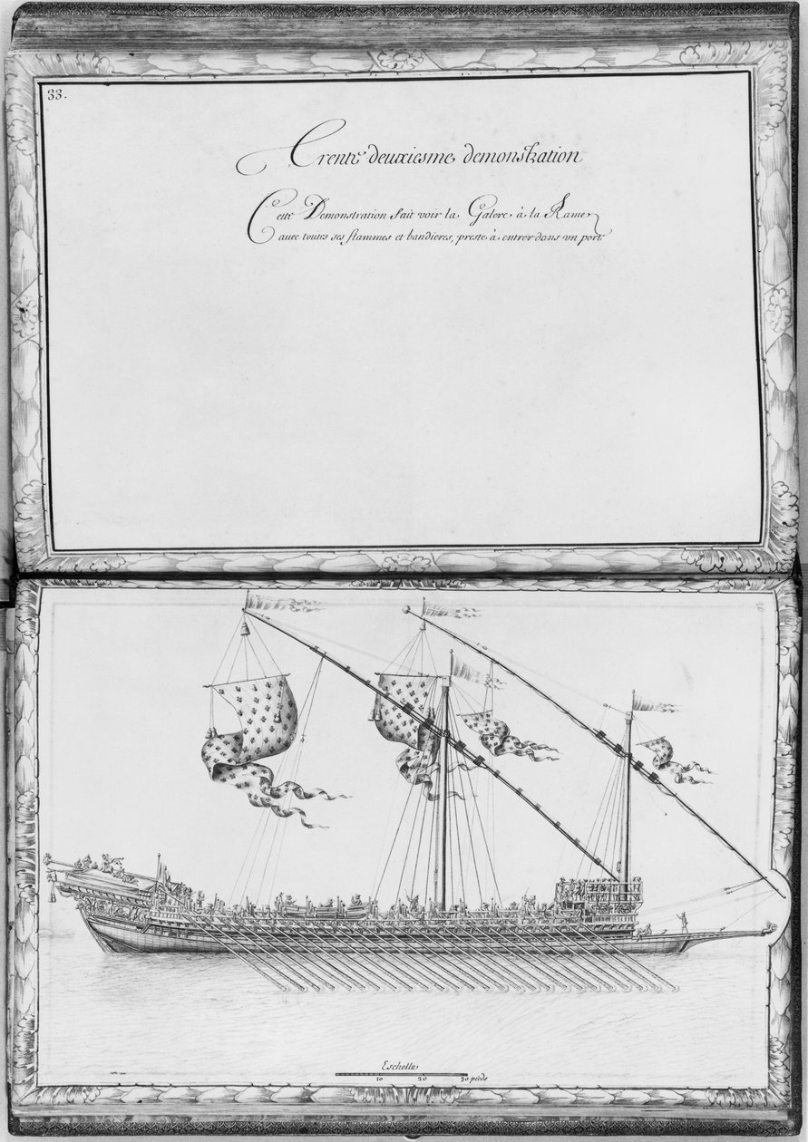 Eine Galeere mit Rudern und Flaggen, zweiunddreißigste Demonstration, Tafel 33, Illustration aus 