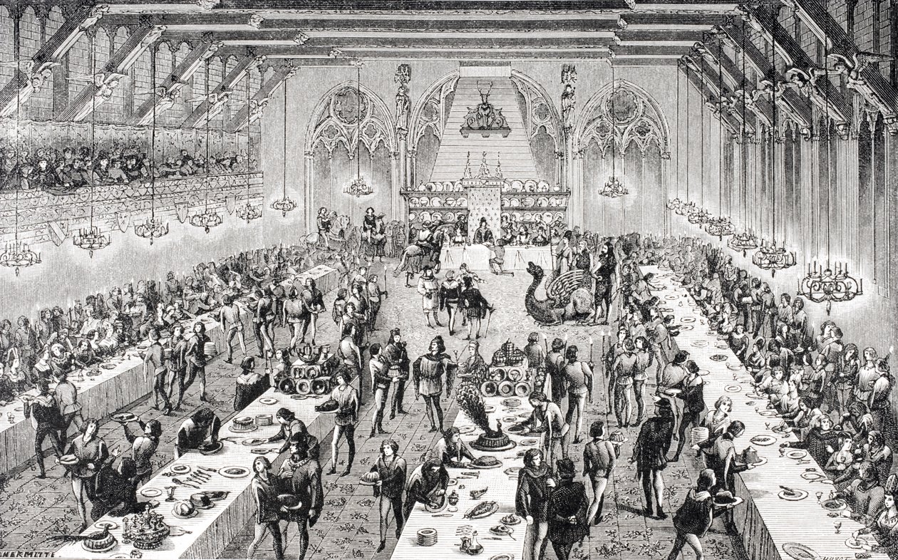 Großes Zeremonialbankett am französischen Hof im 14. Jahrhundert, aus einem Stich des 19. Jahrhunderts in 