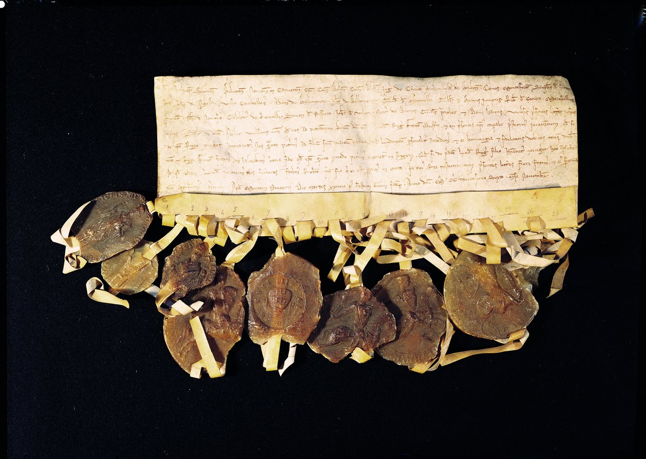 Brief der Prälaten und Barone des Königs, der Ludwig VIII. (1187-1226) verspricht, dass sie seinen Sohn, Ludwig von Frankreich, nach seinem Tod als König anerkennen werden, 3. November 1226 von French School