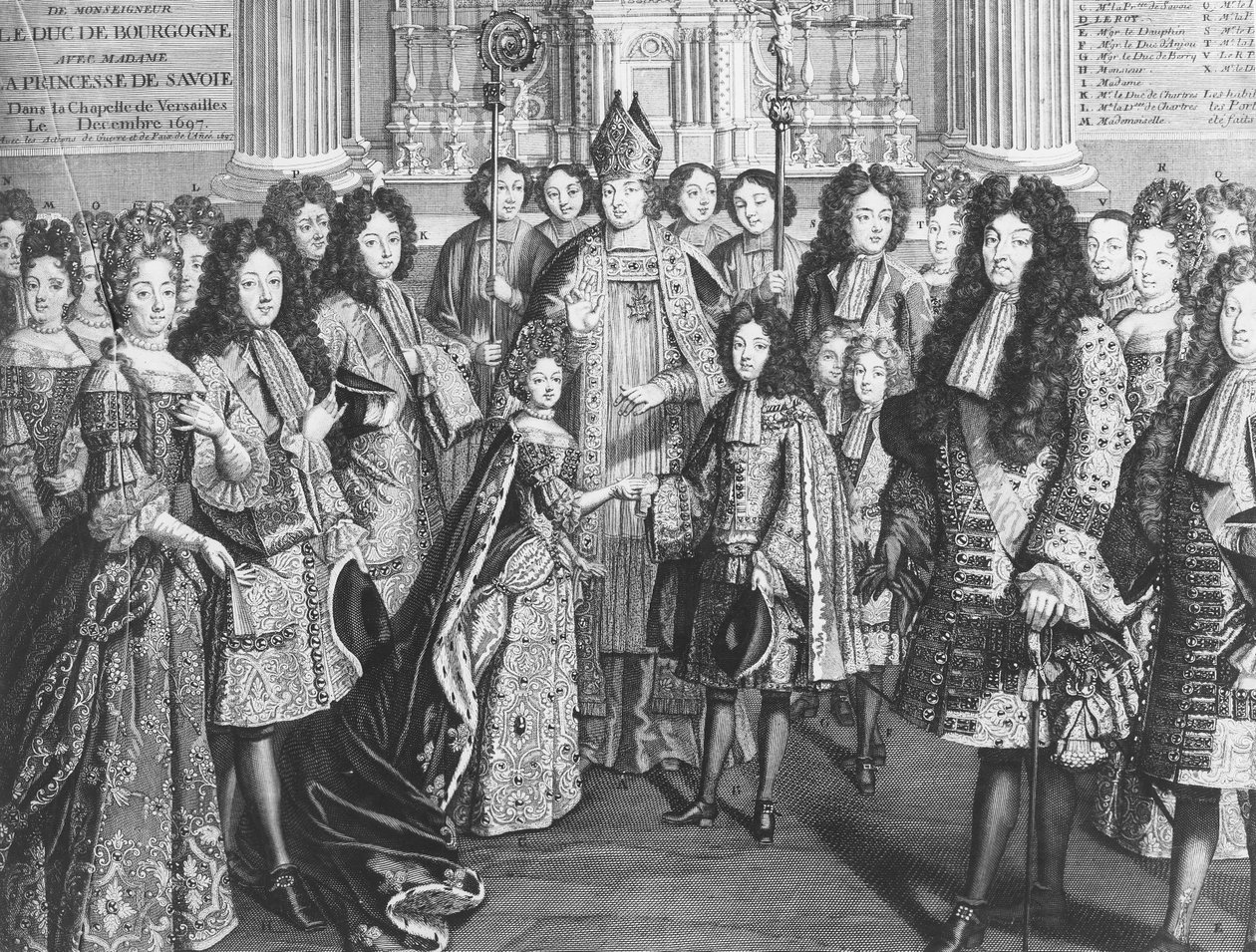 Hochzeit von Louis de France (1682-1712), Herzog von Burgund, mit Marie Adelaide de Savoie (1685-1712) in der Königlichen Kapelle von Versailles, Dezember 1694, in Anwesenheit von König Ludwig XIV. von French School