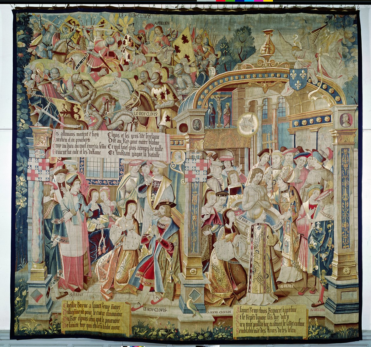Szenen aus dem Leben des heiligen Remigius (gest. 533), Bischof von Reims: die Schlacht von Tolbiac im Jahr 496: die Bekehrung und Taufe von Clovis I. (465-511), König der Franken, 1531 von French School