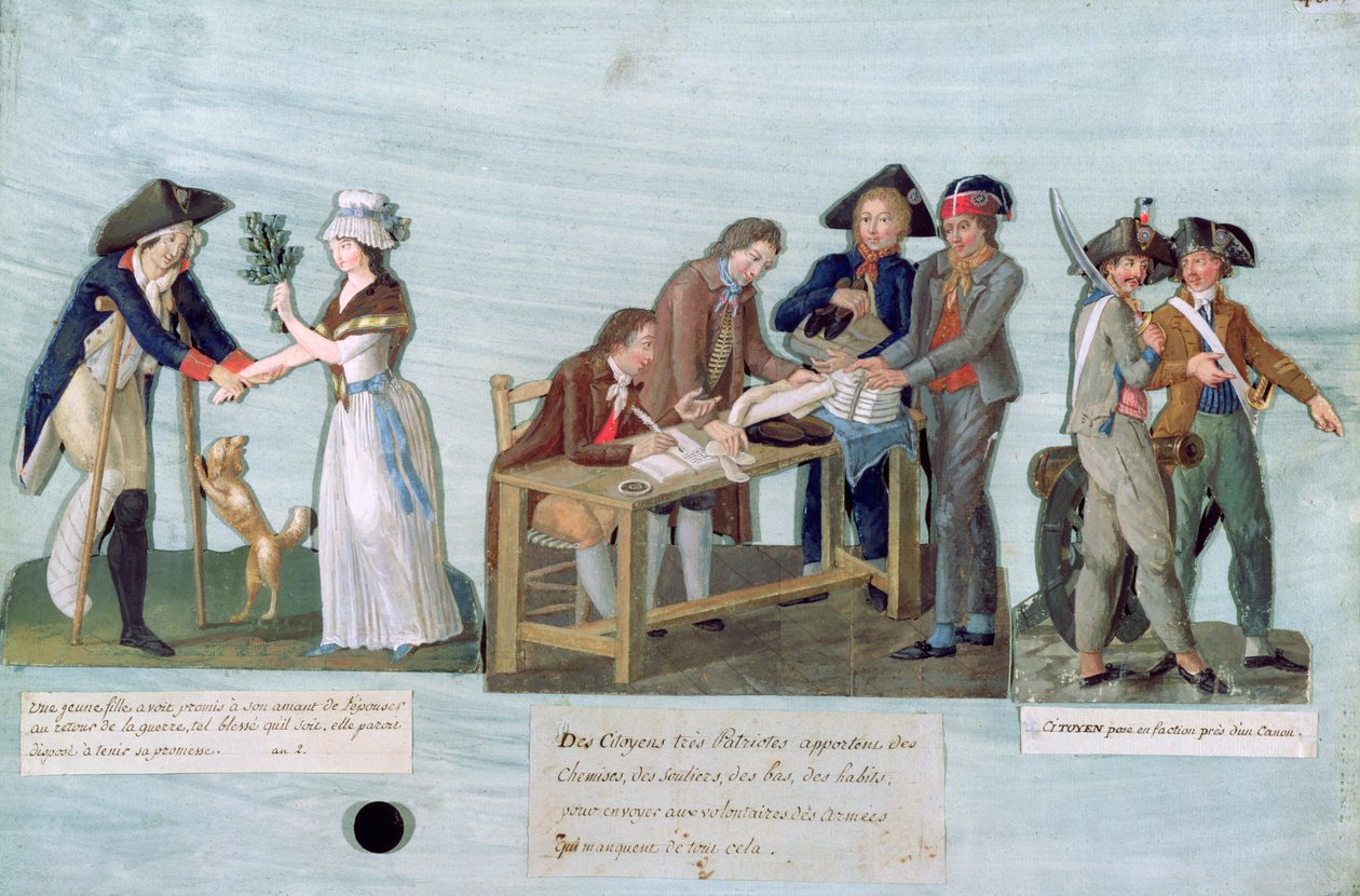 Eine Frau verspricht, ihren verwundeten Verehrer nach dem Krieg zu heiraten, patriotische Bürger spenden ihre Kleidung an die kämpfenden Freiwilligen und Wachen bei ihrer Kanone, ca. 1792 von Lesueur Brothers