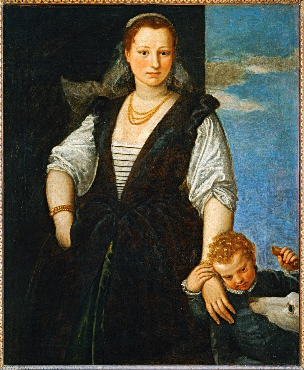 Portrait einer Frau mit einem Kind und einem Hund von (1528 88) Veronese