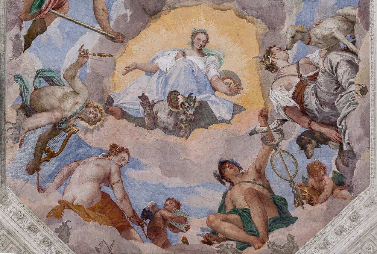 Universelle Harmonie umgeben von Göttern: Zeus mit einem Adler, Mars, Apollo mit der Lyra, Venus, Merkur mit dem Caduceus, Diana mit Hunden und Saturn von Veronese