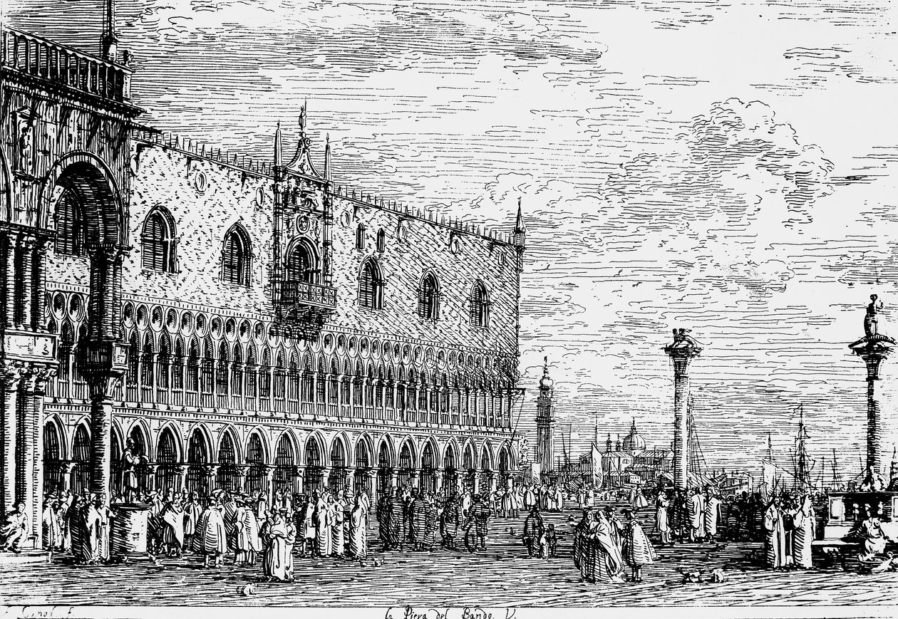 Dogenpalast und Piera del Bando, Venedig, Gravur von Giovanni Antonio Canal, bekannt als Canaletto (1697-1768), Italien von Canaletto