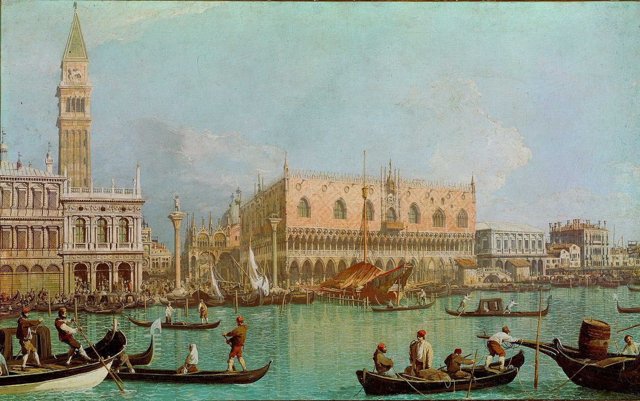 Der Molo mit dem Dogenpalast vom Becken von San Marco. Ansicht von Venedig, Dogenpalast und Markusplatz vom Kanal aus von Canaletto