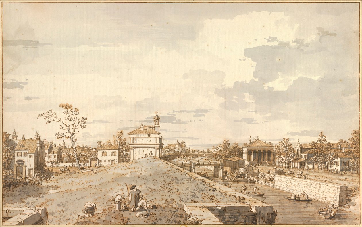 Ansicht von Porta Portello mit dem Brenta-Kanal, Padua (Vue de Porta Portello avec le canal Brenta, Padoue) Federzeichnung von Antonio Canal genannt Canaletto (1697-1768) 1740-1743 Dim 33,1x52,9 cm Albertina, Wien von Canaletto