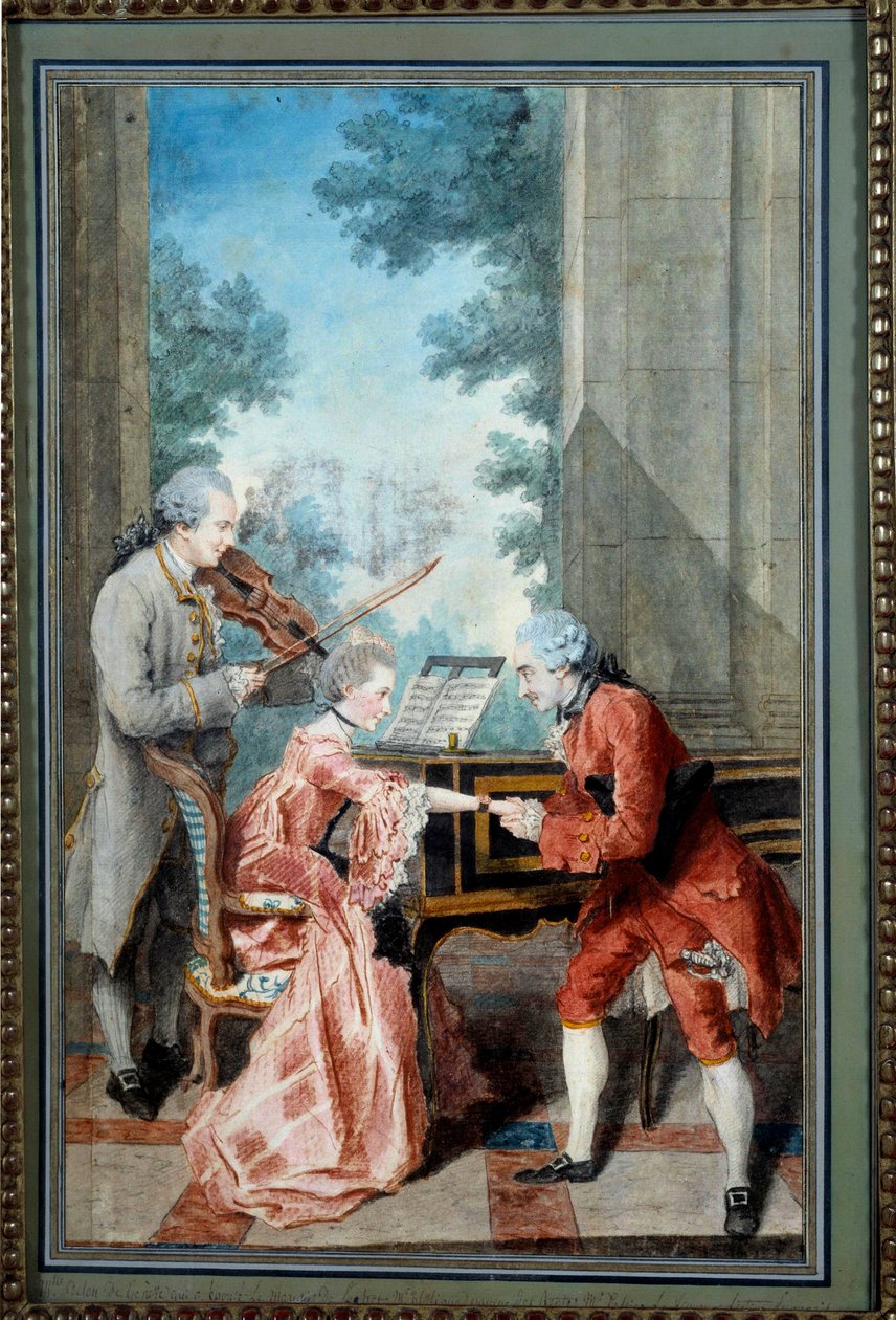 Mademoiselle Delou, Monsieur Philippe und Monsieur de Texier Ein Gentleman zollt einer jungen Pianistin Tribut. Aquarell von Louis Carrogis, genannt Carmontelle (1717-1806) 18. Jahrhundert Paris, Musée Carnavalet von Carmontelle